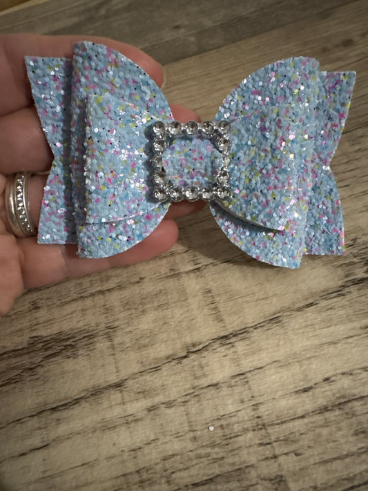 Blue glitter with buckle medium bow on clip